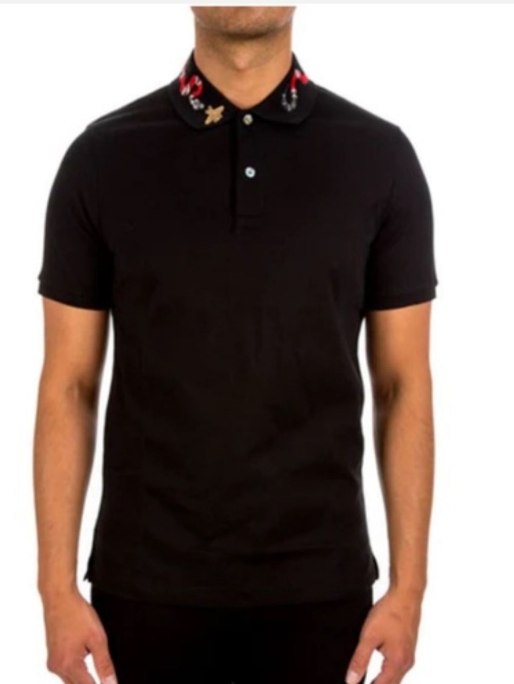 Gucci Black Polo with Red and Gold Embroidered Collar - Men